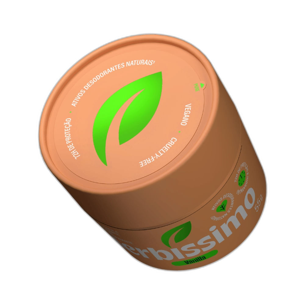 Vista superior do desodorante creme Herbíssimo Vanilla 55g, embalagem pêssego com logo verde de folha